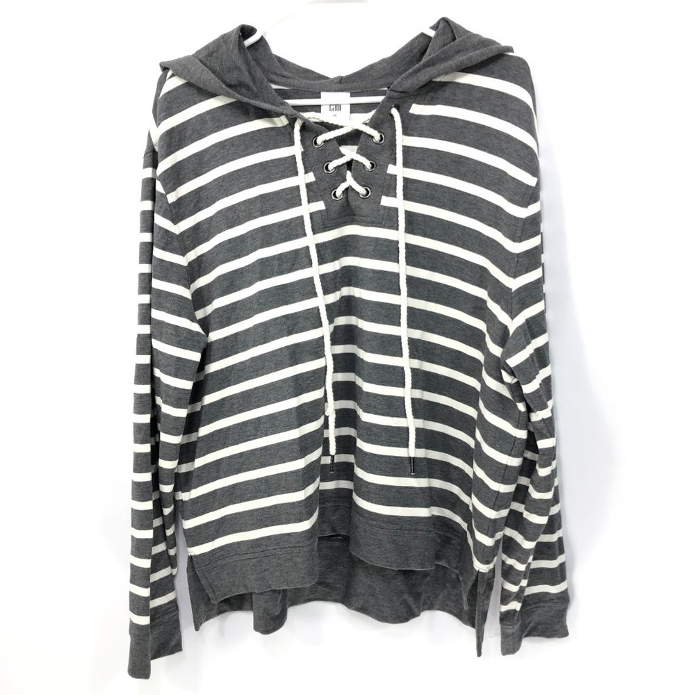 CAbi Women XL Windward Gray Striped Cotton Blend Hoodie Style# 5324 Lace Up